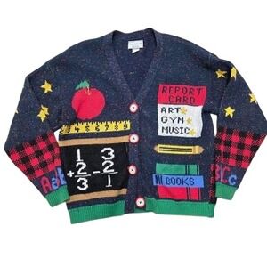 Sweater Loft New York Womens Medium Novelty School Bus Apple Cardigan Sweater